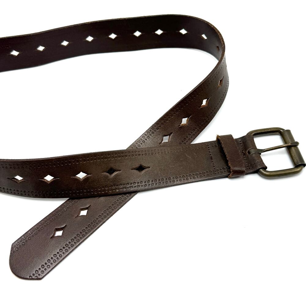 Brown Italian Leather Boho Belt L 30-37” Diamond Cutouts Western Hippie Canada